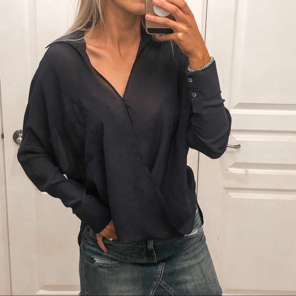 Blue Waterfall Long Sleeve Collared Blouse